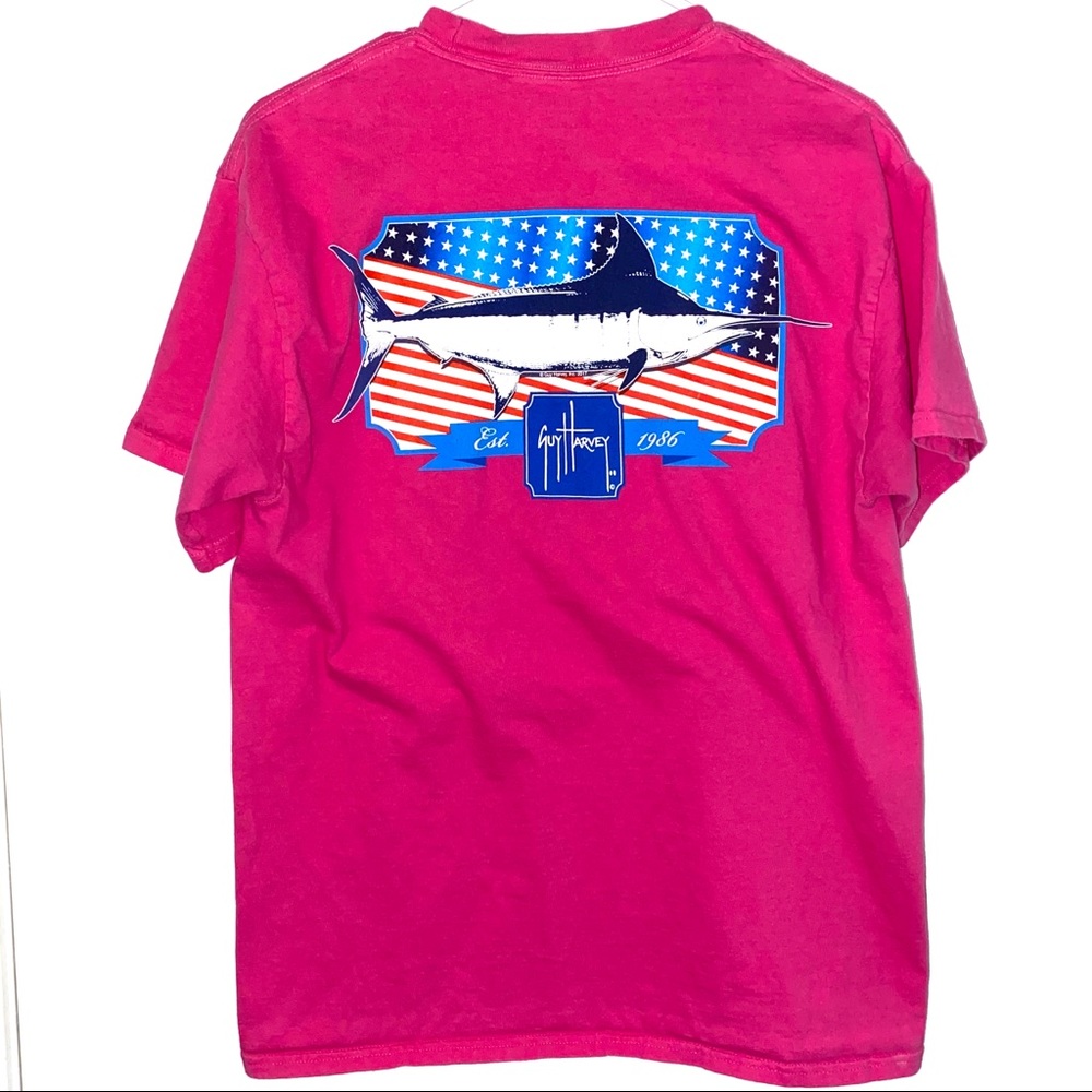 Guy Harvey hot pink tee shirt with marlin and American flag size unisex Medium